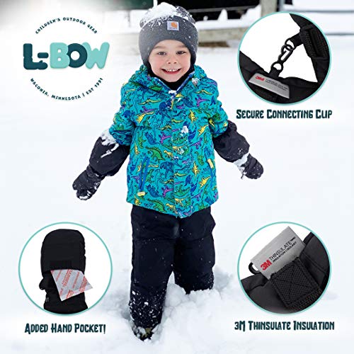 L-Bow Kids Mittens + Bungee Pocket Style for Hand Warmers + Waterproof Stay On Design + Cold Weather 3M Thinsulate Material + Winter Toddler Mittens for Snow (Black, Medium)2