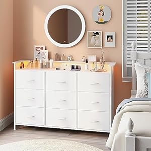 EXOTICA White Dresser with LED Light for Bedroom 9 Drawer Dressers with Charging Station Chests of Drawers for Entryway Closet Kids Room Hallway Sturdy Steel Frame Wooden Top Easy Pull Handle