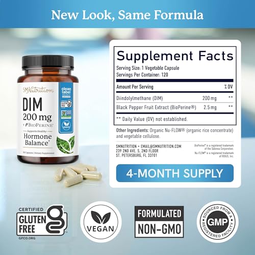 Image of DIM Supplement 200 mg (120 Ct) | Estrogen Balance for Women & Men | Hormone Balance, Hormonal Acne Supplements, Menopause, Antioxidant & PMS Support | Doctor-Formulated & Non-GMO | 4 Month Supply