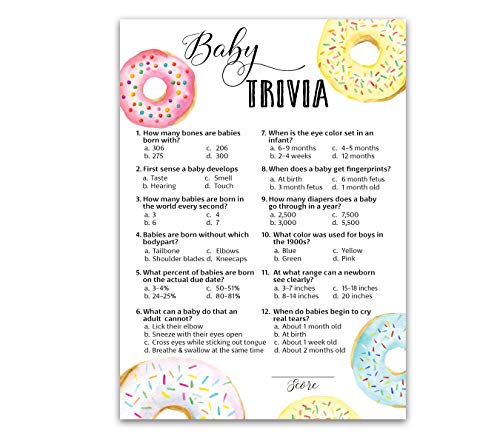 DONUT Baby Shower Games — BABY TRIVIA Game — Pack of 25 — Fun Facts Game, Doughnut Theme Shower, Trivia Girl or Boy Baby Shower Activity, Gender Neutral Pink Blue Couples Shower G850-TRV