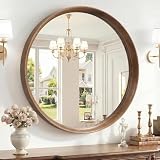 Brakki Round Wall Mirror with Wood Frame, 24 inch Circle Mirror for Bathroom Bedroom Entryway Vanity Living Room, HD Shatterproof Glass, Wall Mounted Decor, Hanging or Leaning, Walnut