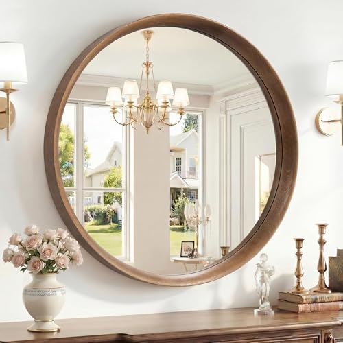 Brakki Round Wall Mirror with Wood Frame 32 Circle Mirror for Bathroom