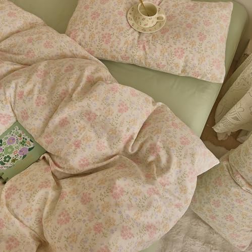 Image of VM VOUGEMARKET Flower Duvet Cover Twin Sage Green Teen Girls Cotton Duvet Cover with Zipper Ties Chic Rust Floral Bedding Set Without Comforter -Green,Twin