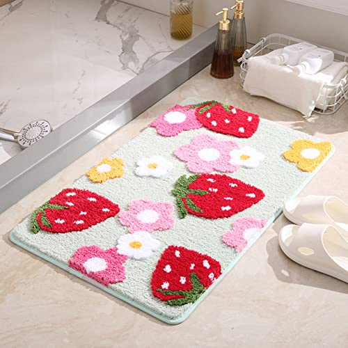 バスマット いちご柄 ピンク かわいい 吸水 お風呂マット 足拭きマット フットマット エントランスマット グリーン/緑 小さい 洗える 50*80cm ラグ 浴室マット 抗菌 防臭 オシャレ 脱衣場 柔らかい マット ドア エントランス オールシーズン適
