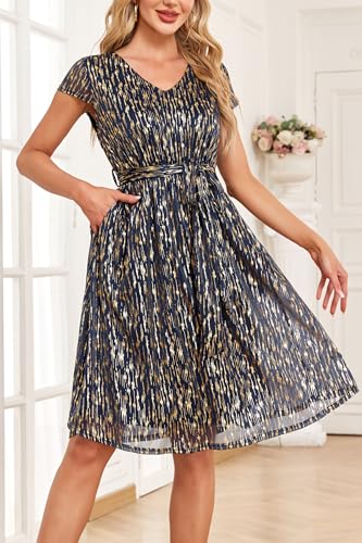 Women's Sparkly Glitter Summer Cocktail Party & Wedding Guest Dress - Short Sleeve with Pockets2