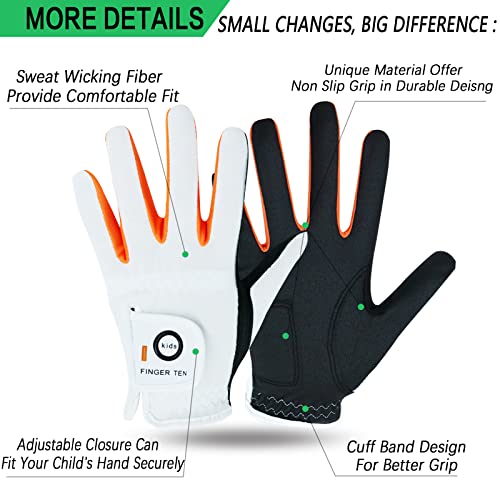 finger ten golf gloves junior kids youth toddler boys girls left hand right hand dura feel white blue red yellow golf glove extra value 2 pack age 4-11 years old
