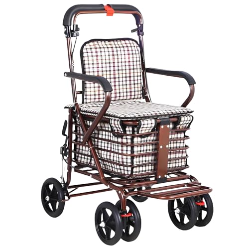 高齢者の移動補助のための、シート、大型ホイール、ハンドブレーキ、収納バスケットを備えた頑丈な折りたたみ式歩行器