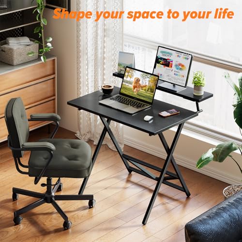 Image of WOHOMO Folding Computer Desk with Adjustable Height, 23.6 inch x 31.5 inch x 25.6 inch Foldable Table with Monitor Stand, Small Office Desk for Bedroom, Space Saving Desk for Home Office, Easy Assemble, Black