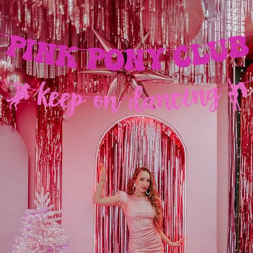 Image of Glitter Pink Pony Club Party Banner, Keep On Dancing Disco Bachelorette Decorations, Horse Theme Birthday Party Sign Banner Background, Western Rodeo Cowgirl Let's Go Girls Party Supplies