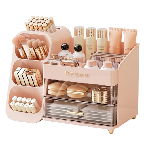 UFORU Makeup Organizer for Vanity with Brush Holder, Countertop Organizer with 2 Drawers, Spacious Cosmetic Display Case for Beauty Essential, Skincare, Lipstick