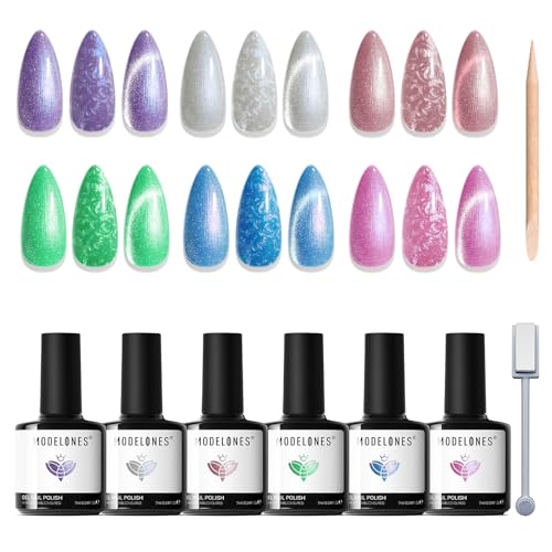 Image of modelones Cat Eye Gel Nail Polish Set, 6 Colors 2026 Summer Shimmer Pearl Magnetic Nail Drawing Set with Magnet, Iridescent Mermaid Swirl Shell Thread Purple Pink Blue Green Coral Glitter DIY Gift