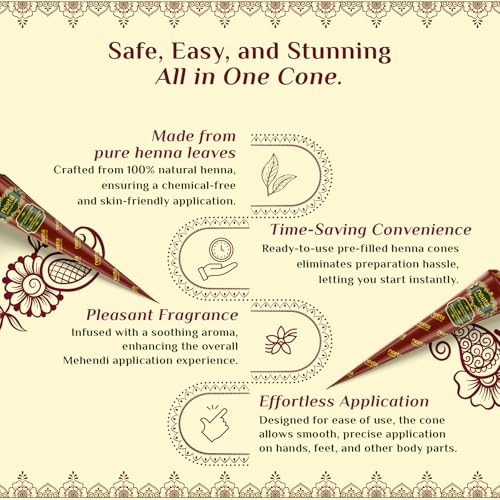 Image of Neeta Mehendi Cones for Hand 12 Pcs in 1 Box (Pack of 3) Bridal Mehndi Cones Natural Mehendi Cone for Wedding, Hand Designing, Reddish Brown Color Long Lasting Niddle Cones for Women