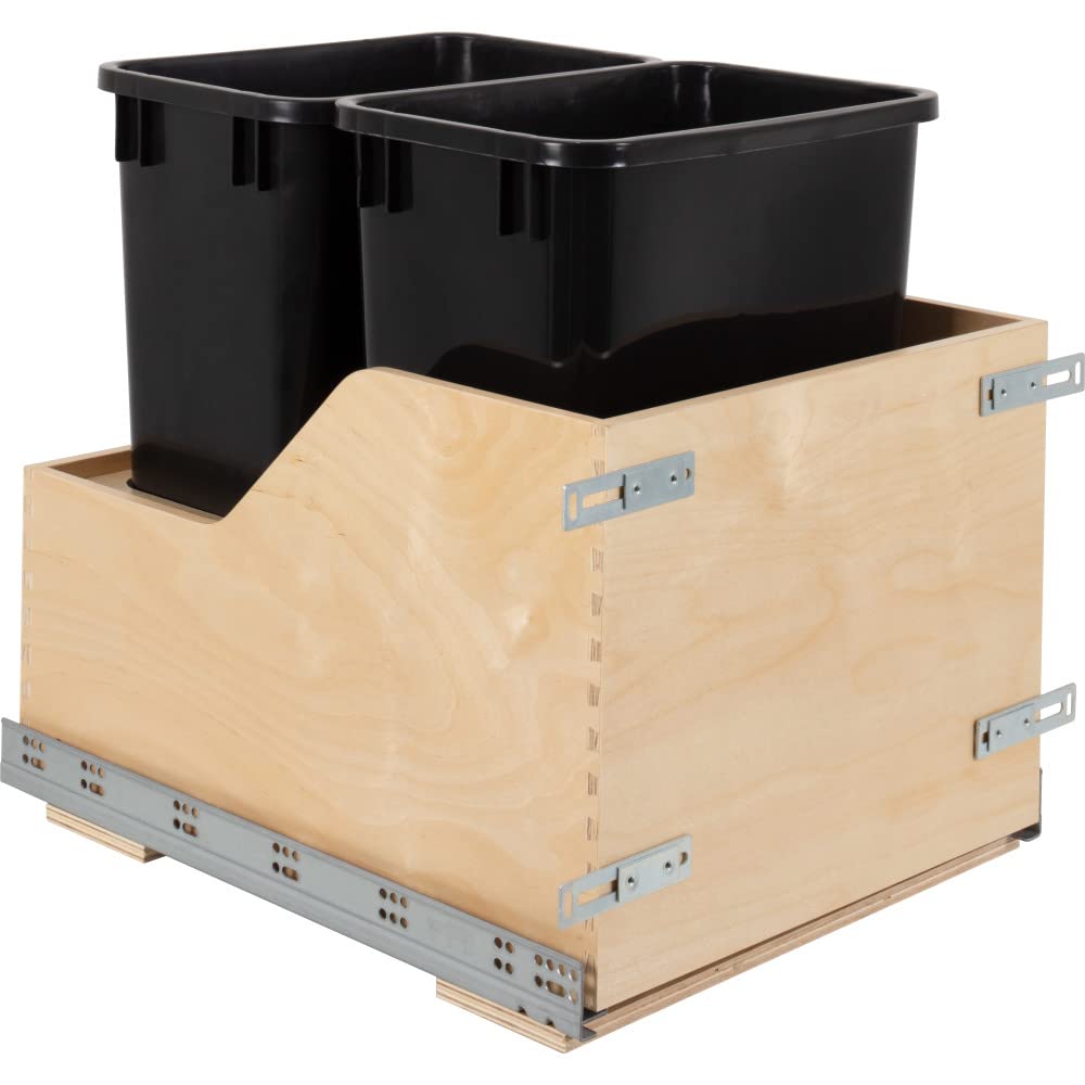Hardware Resources Double 35 Quart Wood Bottom-Mount Soft-Close Trashcan Pullout for Door Mounting, Includes Two Black Cans