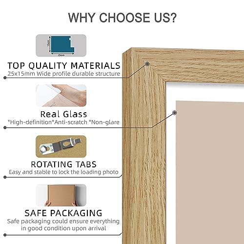 Hongkee 8x10 Picture Frame Set of 4, Made of Real Glass and Natural Oak Wooden Frame, 8 by 10 Photo for Wall or Tabletop - Display Picture 5x7 with Mat or 8x10 Without Mat