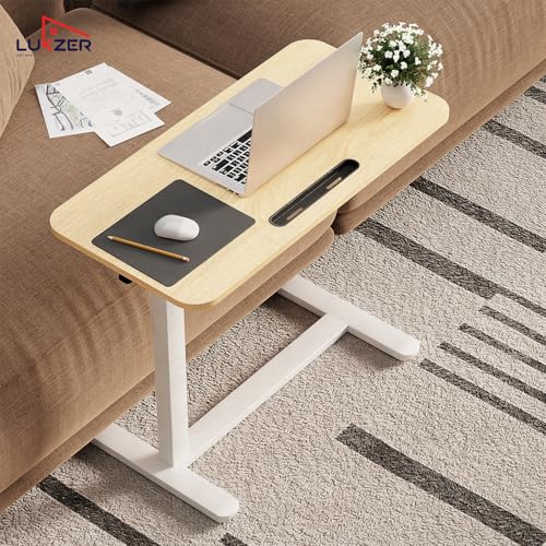 Image of Lukzer MST-002 White Frame Brown Oak Top Overbed Table with Wheels | Adjustable Height Laptop Desk for Bed & Sofa | Rolling Bedside Table for Home, Hospital & Office (40x80x95 cm)