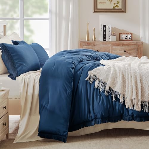 Image of Andency Navy Blue Comforter Set Full Size, 3 Pieces Boho Tassel Lightweight Bedding Comforter Sets, All Season Soft Fluffy Fringe Bed Set (79x90In Comforter & 2 Pillowcases)