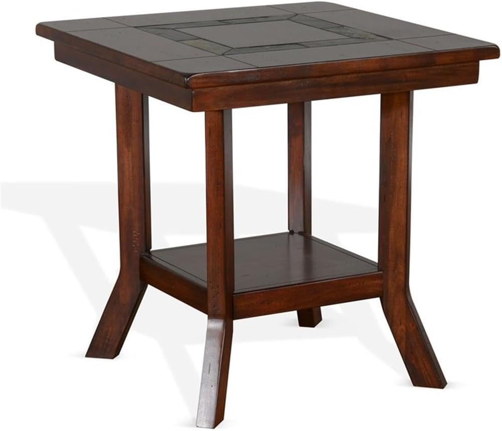 Pemberly Row Traditional Wood End Table, 25" Tall, Dark Chocolate Finish, Slate Inlay Top, Distressed Mahogany Solids and Veneers, 1 Shelf, Simple Assembly, Accent Table for Living Room or Bedroom Use
