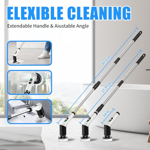Electric Spin Scrubber, Cordless Power Cleaning Brush with 7 Replaceable Heads, Adjustable Long Handle, & LCD Display, IPX7 Waterproof Shower Scrubber for Bathroom, Tub, Tile, Kitchen & Car by BLACKYEW - Image 8