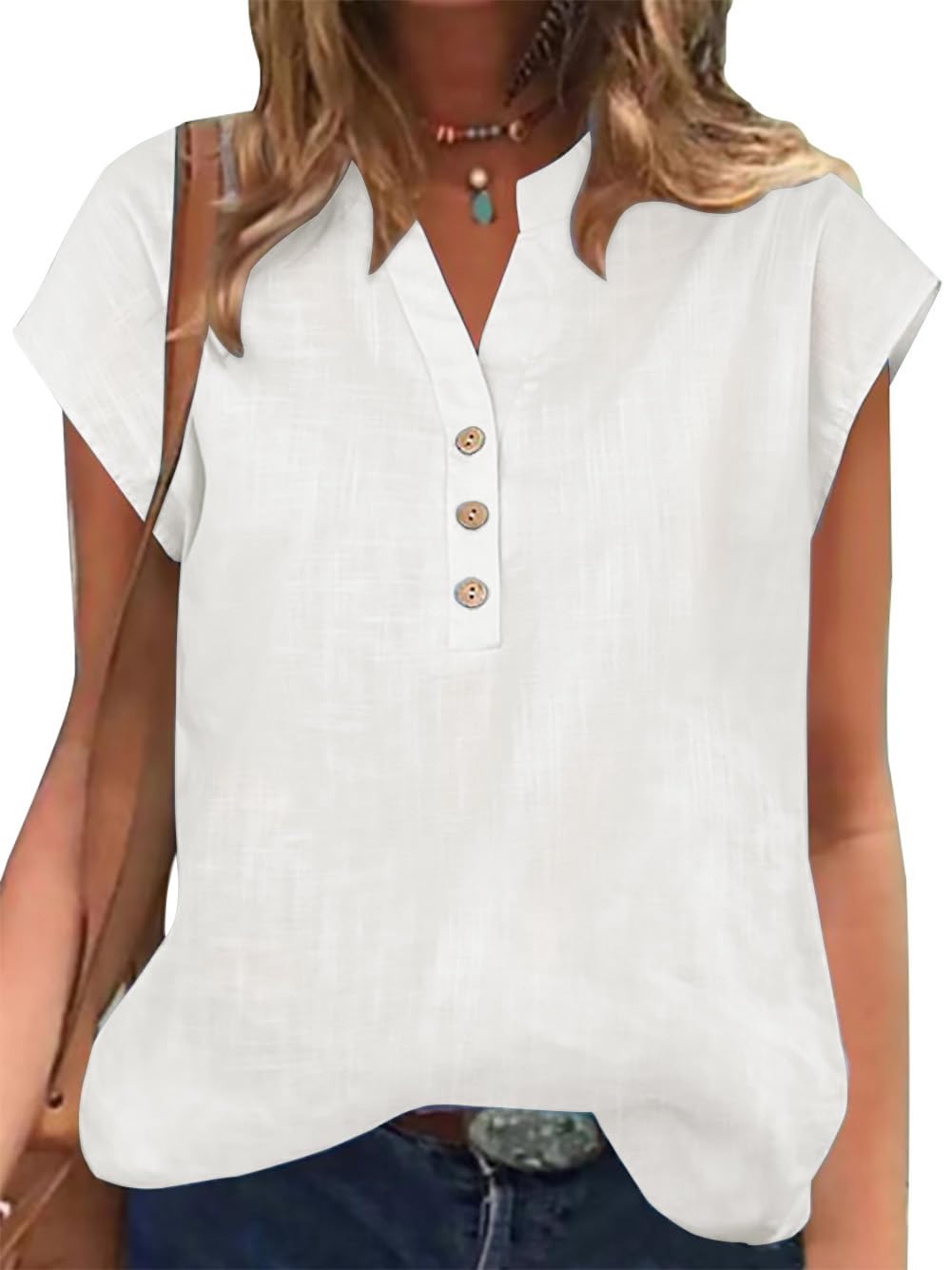 YUTILA Damen Baumwolle Leinen Bluse Kurzarm Einfarbig Henley Sommerbluse Blusenshirt Oberteile