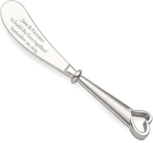 Paquete de 50 esparcidores de queso con cuchillo de mantequilla de corazón grabado personalizado en bolsa, cromo, recuerdos de boda personalizados