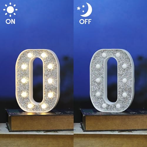 Image of LED Marquee Light Up Letters, 26 Alphabet Lighted Letter and 10 Number, Battery Powered Night Light for Room Decor, Home Birthday Wedding Bar Party Decoration, Shiny Silver Diamond (Letter O)