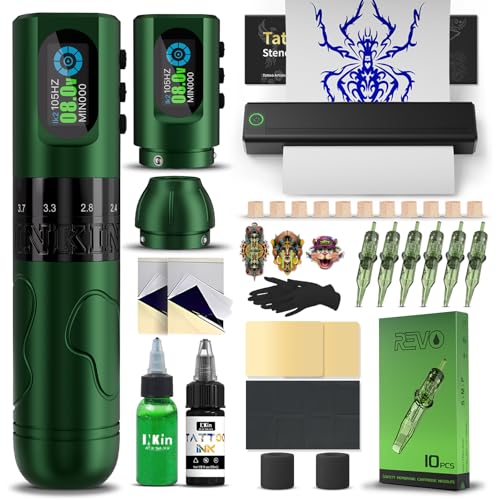 INKin Kit Tatouage Professionnel Complet, Machine a Tatouer Sans Fil avec Course Réglable 2,0-4,2 mm et 1600mAh Batterie, H1 Thermocopieur Tatouage 10Pcs Revo...