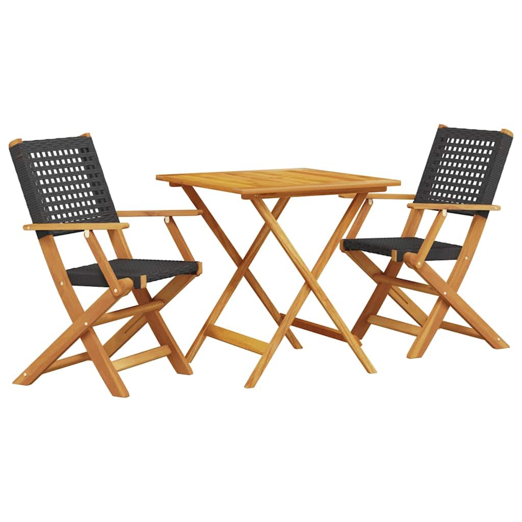 Set da bistrò da giardino, 3 pezzi, nero, in polyrattan e legno massello di acacia, tavolo da giardino pieghevole con 2 sedie, per balcone, terrazza, cortile