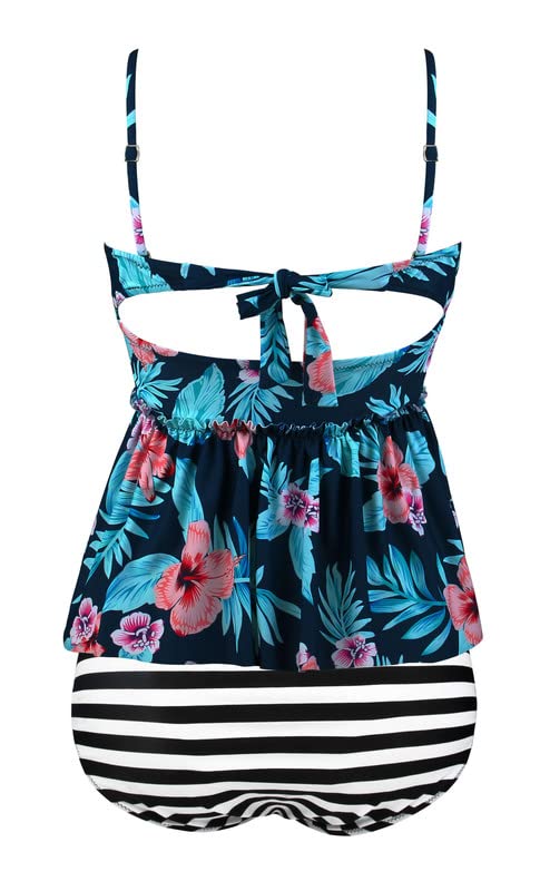 Plus Curvves Plus Size Blue 2pcs Floral Print Flounce Tankini Swimwear - 7XL 1