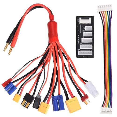 RC Lipo Battery Charger Adapter Connector Splitter Cable, 10 in 1 Convert Wire to 4.0mm Banana Plug with 2-6S Charge Balance Board for TRX, T-Plug, Tamiya, Futaba, JST, XT90, XT60, XT30, EC3, EC5