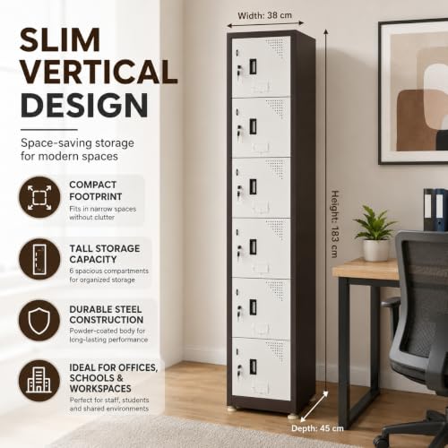 Image of Amazon Brand - Solimo Vertical 6-Door Brown Steel Locker, Heavy-Duty Multi-Purpose Storage Cabinet for Gym School Office & Staff Rooms, Secure Metal Compartments for Clothes Bags, Uniforms & Valuables