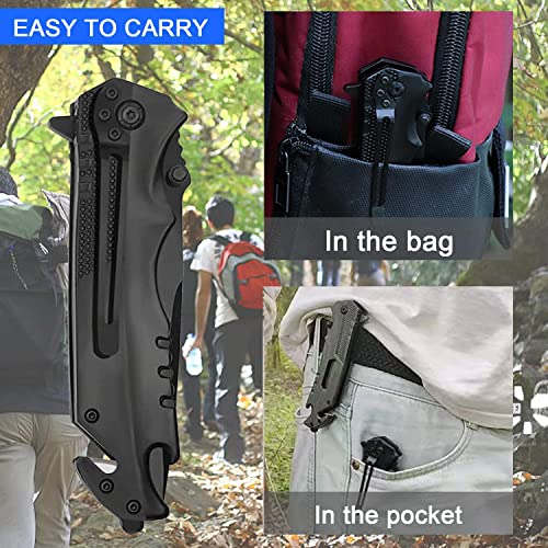 Mordely Pocket Folding Knife, Tactical Knife With Spring Assist, Glass Breaker, Bottle Opener And Pocket Clip For Camping Fishing,Emergency Rescue Edc Survival Knife Best Gift For Husband, Men, Boy, Father's Day (Black) #TOP5