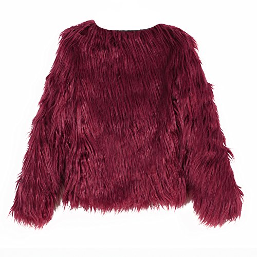 Anself Women's Shaggy Faux Fur Coat Solid Color Long Sleeve Short Jacket Burgundy