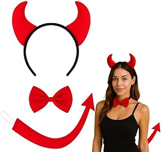 Devil Costume Accessories Set – 3Pcs Red Devil Horns Headband, Bow Tie and Tail for Kids, Girls, Boys – Halloween Dress Up, Cosplay Party Supplies