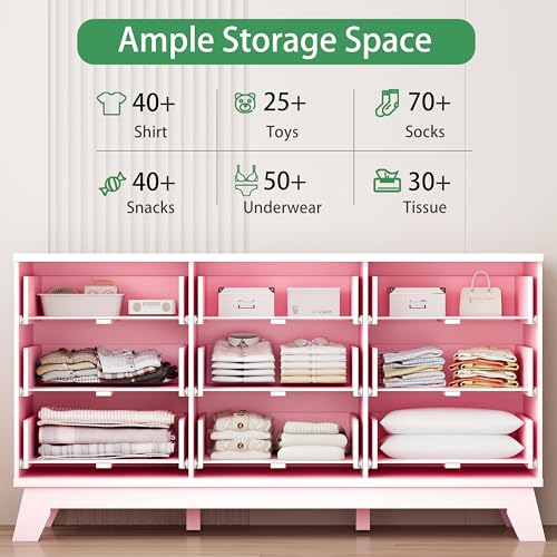 Image of Xixini Fluted Dresser for Bedroom with 9 Drawers, 57 inch Wide Modern Chest of Drawers with Metal Handle, Wooden Dresser TV Stand, Wood Closet Clothes Storage Organizer for Living Room, Hallway, Pink