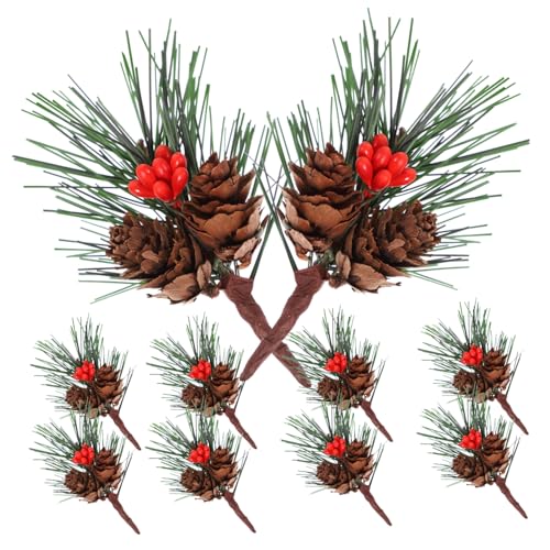 ORFOFE 10 Pezzi Pino Artificiali con Pigne e Bacche Rosse Decorazioni Natalizie Mini per Ghirlande Floreali e Addobbi Casa Festa