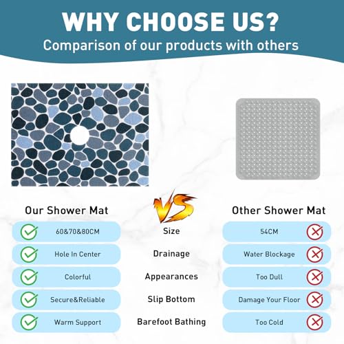 Image of Square Shower Mat Non Slip: 32 x 24 Inch Extra Large Shower Mats with Drain Hole in Middle - PVC Loofah Anti Slip Shower Floor Matt for Inside Shower