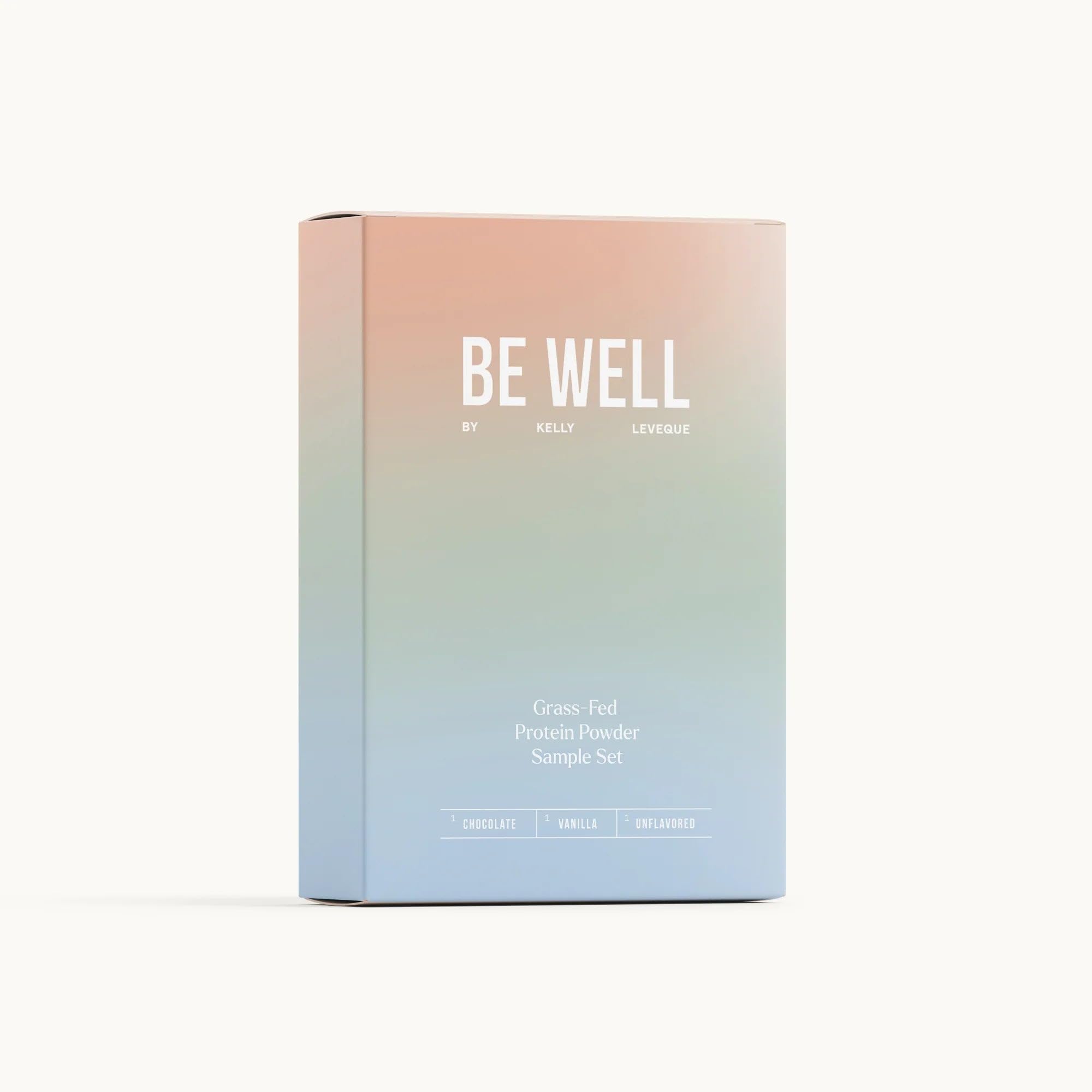 Be Well by Kelly LeVeque Proteína de carne bovina em pó — pacote de amostras, 3 porções, Chocolate, Baunilha e Sem sabor, 85 g