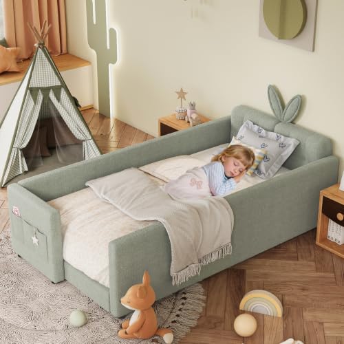 Image of Twin Size Bed Frame for Kids, Upholstered Daybed Frame Floor Bed with Safety Rails and Storage Pocket Cute Rabbit Ear Shaped Headboard for Kids Teens Boys Girls, Green