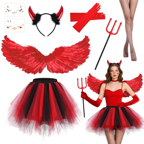 Engel Kostüm Rot Teufel Kostüm Damen Mädchen, Engelsflügel mit Rote Flügel Teufelshörner Heugabel Tutu Rock Handschuhe and Netzstrümpfe, Engel...