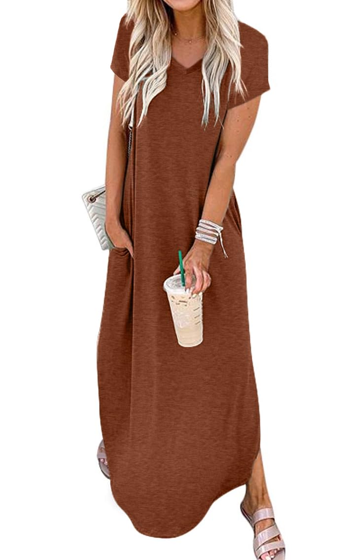 Jeqeocafy Women Summer Long Sundress Crewneck Short Sleeve Maxi Dress 2026 Casual Loose Beach Dress with Pockets