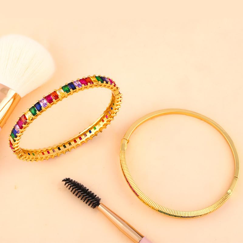 Dazzling Moissanite Rainbow Geometric Gemstone Tennis Bangle, 14K Gold Vibrant Multi-Color Bangle, Fashionable Women's Jewelry3