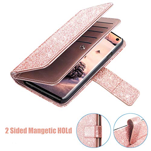 Fingic Samsung S10E Case, Glaxy S10E Case, Glitter Sparkle Cover 9 Card Holder Pu Leather With Kickstand Wrist Strap Wallet Case For Women Protective Case For Samsung Galaxy S10E 5.8 Inch, Rose Gold #TOP4