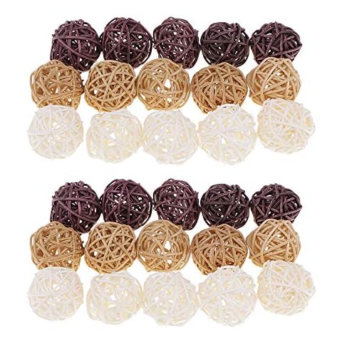 QPY 30 Stück Rattan-Kugeln, dekorative Kugeln, Vasenfüller für Heimdekoration, Handwerk, Party, Hochzeitsdekoration, Babyparty, Aromatherapie-Zubehör, 3 cm (weiß, braun, natürliche Farben) Cover