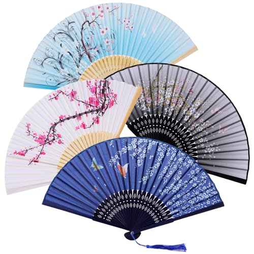 Leikedun 4 Pack Silk Fabric Hand Fans Chinese Fan Hollow Carved Bamboo Folding Hand Fan Handheld Fan for Wedding Gifts Performance Dancing Home Decoration