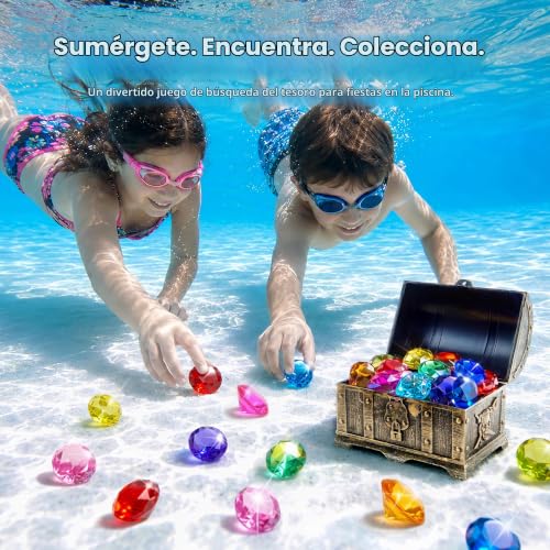 Miniatura 6 de Sloosh Juguetes De Piscina Diving Gems, 16 Grandes Diamantes De Colores Con Cofre Del Tesoro Pirata, Juguete De Buceo Para Niños Con Gemas Submarinas, Regalo De Entrenamiento De Natación