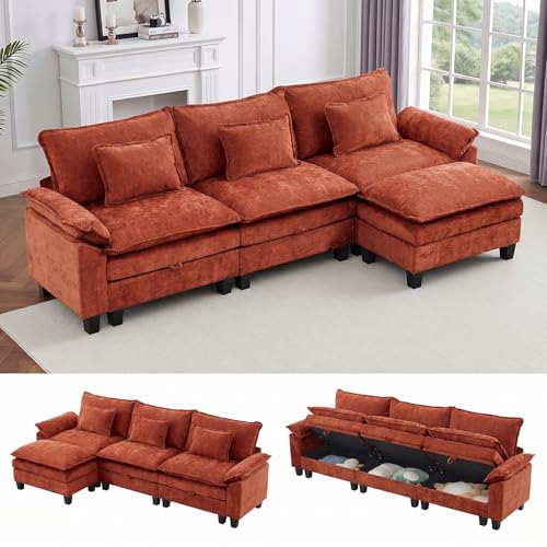 Image of IPKIG 117 inch Modular Cloud Couch with Storage, L Shaped Sectional Sofa with Ottoman & Pillow, Chenille Deep Seat Sectional Couches for Living Room, Apartment, Orange