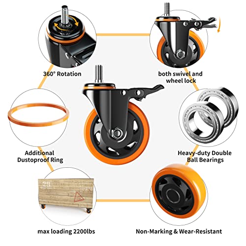 4 inch caster wheels 2200lbs threaded stem casters set of 4 heavy duty 1234-13 x 1 screw diameter 1234 stem length 134 safety dual locking industrial castors wheels for cart furniture