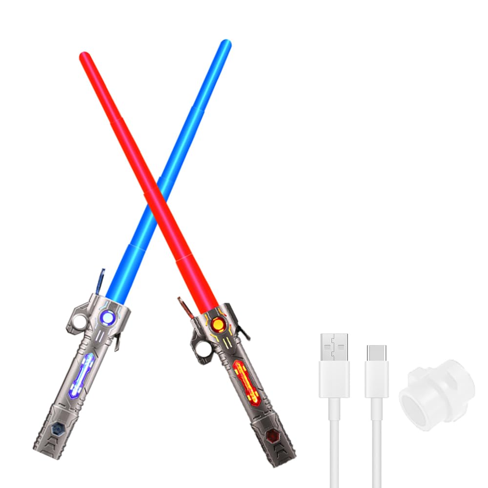 Sable de Luz, 2Pcs Espada Laser Niños, 15 Colores Sonido de Combate Simulado, Espada Láser, Sable de Luz Led, Espada Láser Retráctil 2 en 1 para Niños ( Plateado + Negro)