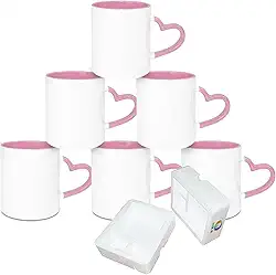 MR.R Caneca de cerâmica de sublimação em branco para lava-louças, copo revestido em branco, canecas em branco de sublimação, copo clássico com caneca interna de cor rosa e alça de coração, 325 ml,