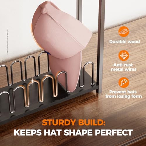 Cinati 2-Tier Hat Organizer for Baseball Caps, 2 Pack 18 Capacity Freestanding Baseball Cap Rack, Metal & Wood Hat Storage for Closet Entryway Bedroom, Black Cap Holder Stand, Gifts for Men Dad - image 6